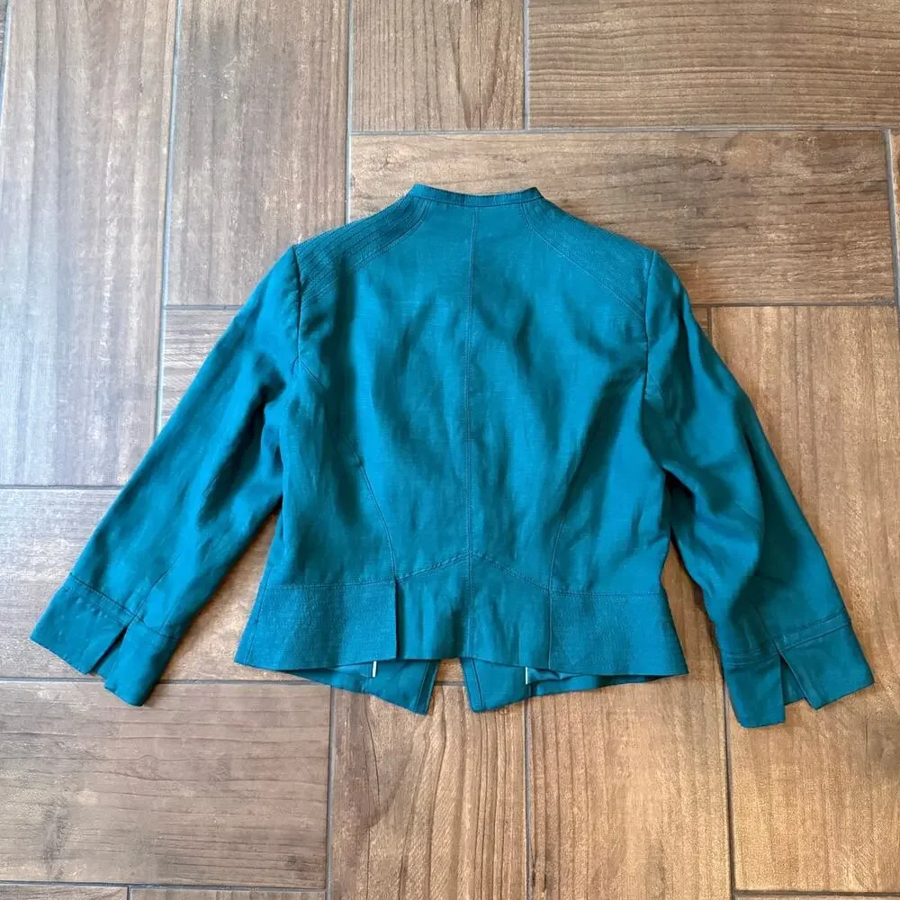 White House Black Market Linen Teal Moto Jacket Zip Front Silver Hardware Sz 8